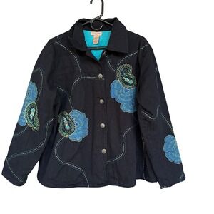 Choices Jacket Womens 1X Black Paisley Embroidered Lined Cotton Twill Boho Plus